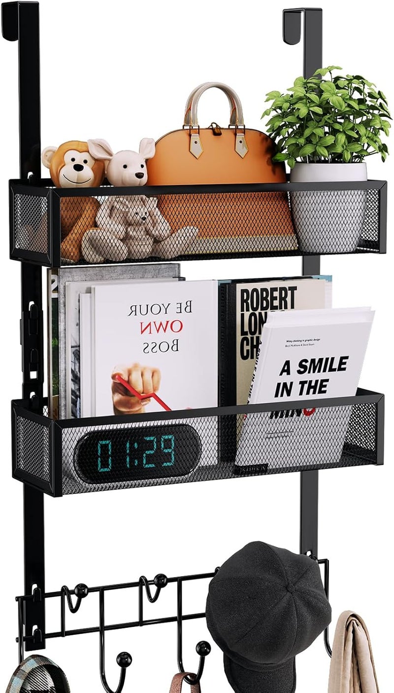 Consumest Over The Door Hooks Organizer - Extra Long Door Hanger with 9 Coat Hooks & 2 Mesh Basket, Back Storage Organizer Hanging Towels for Bathroom, Bedroom, Black (for 1.76 in Doors) - Image 1
